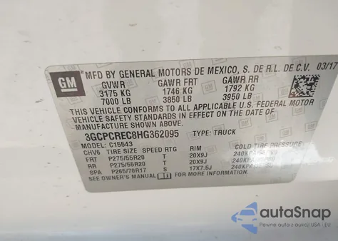 2017 Chevrolet Silverado 1500 1Lt из США, поврежденный, VIN 3GCPCREC8HG362095